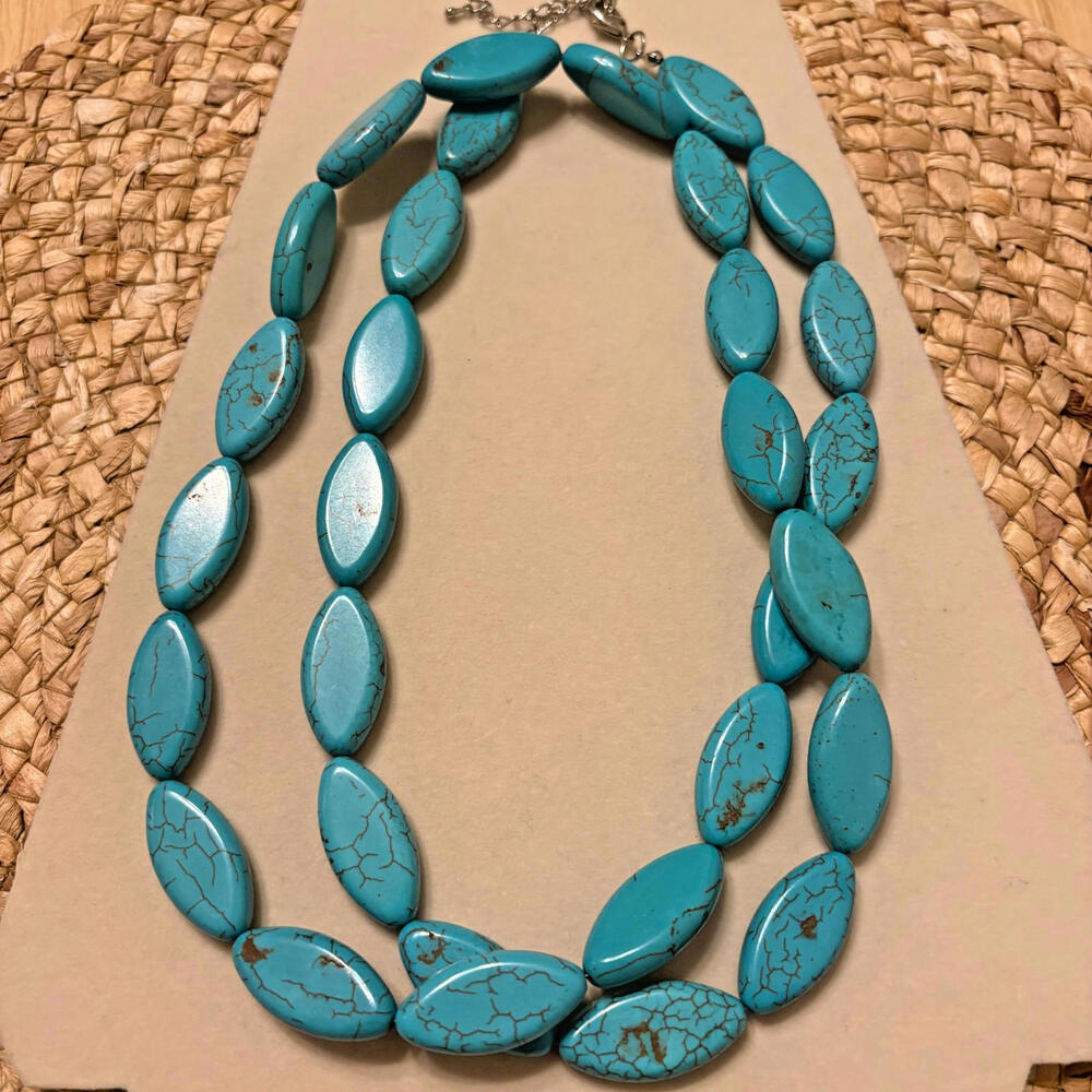 Natural Blue Howlite Turquoise Color Stone Necklace 37” Silver Tone Clasp 3" Ext
